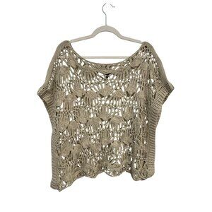 Fever Hand Crochet Sweater Top Size Medium Open Weave Boat Neck Beige Cover Up